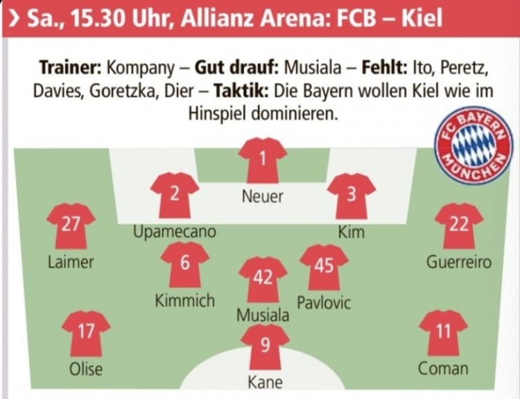 德媒預測拜仁首發：萊默爾、格雷羅左右邊後衛，基米希回歸中場